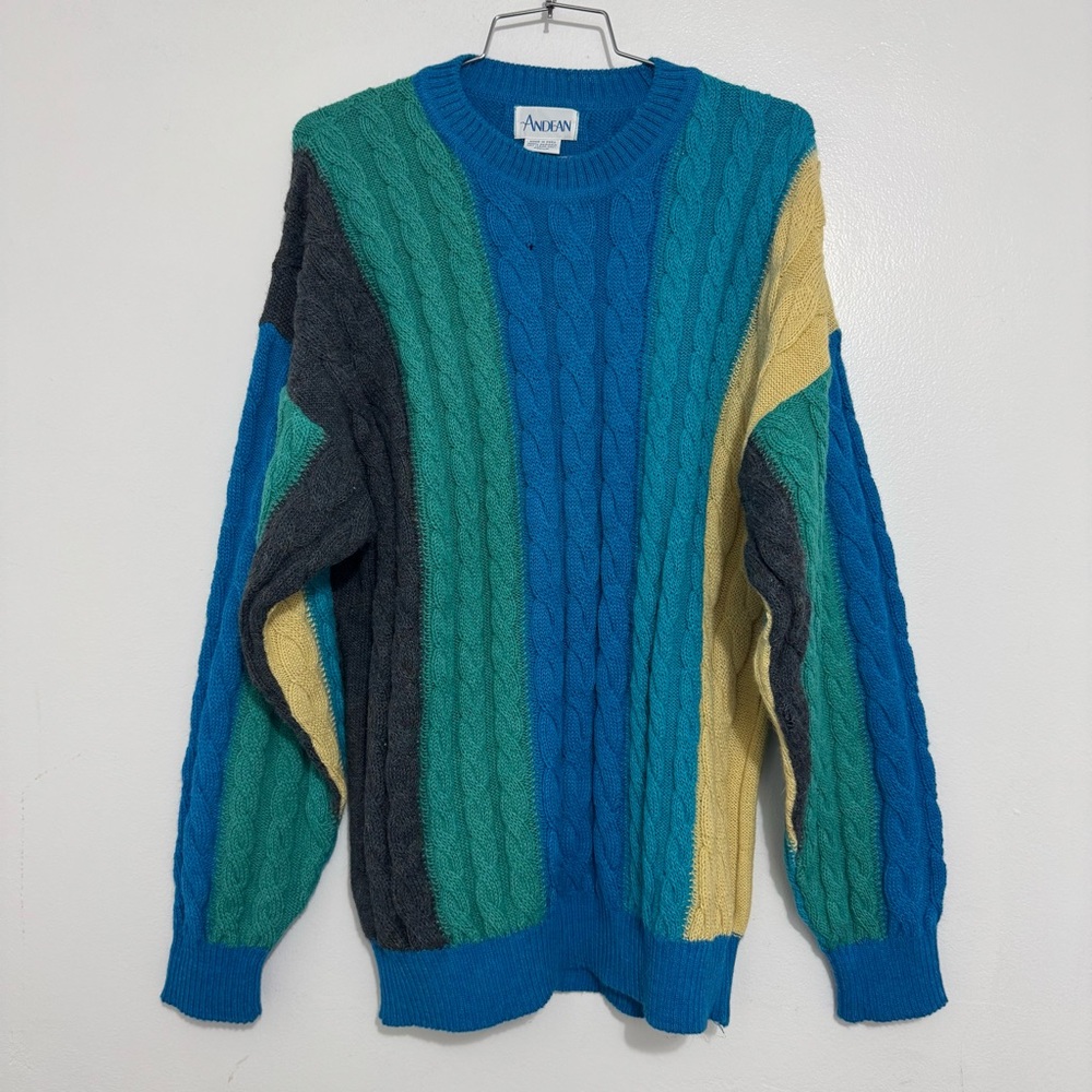 Vintage Andean Alpaca Peru Sweater Size Medium Blue Yellow Grey Color Block